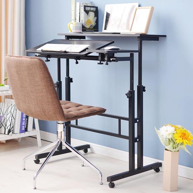 DlandHome Sit-Stand Desk Cart Mobile Height-Adjustable Sit to Stand Office Desk Riser Standing Table Workstation Mobile Desk Black 101-2BK