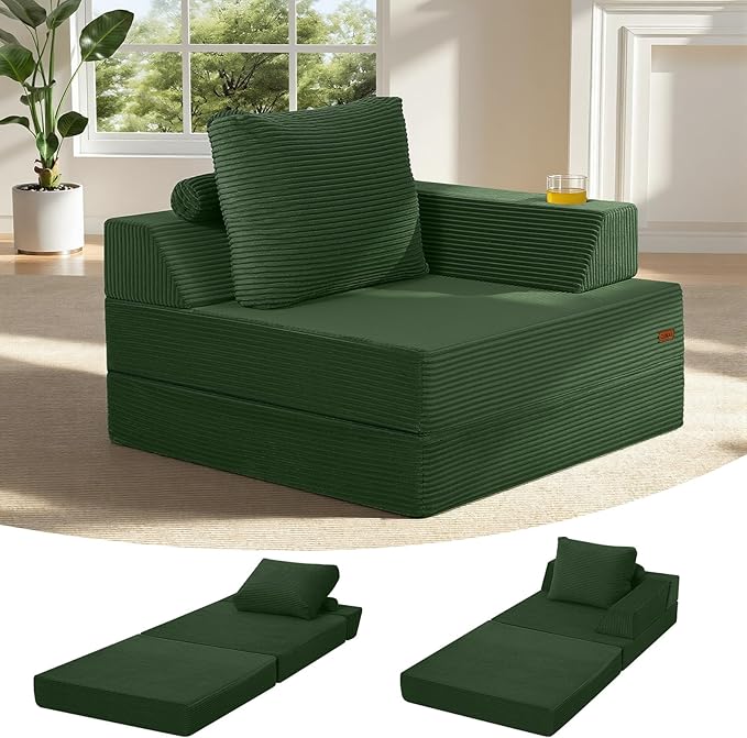 COMAX Folding Sofa Bed Foldable Couch for Bedroom Corduroy Convertible Floor Sleeper Futon Chair Foam 3 in 1 Fold Out Chair Portable Comfy Lounge Couch Single Sofa Bed for Small Space Guest Room