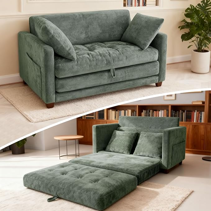 2-in-1 Convertible Loveseat Sofa Bed - Folding Pull-Out with Deep Seat 2 Pillows &amp Solid Steel Frame Loveseat Sleeper Sofa Bed for Small Spaces Apartment Living Room &amp Guest Room (Green Ch