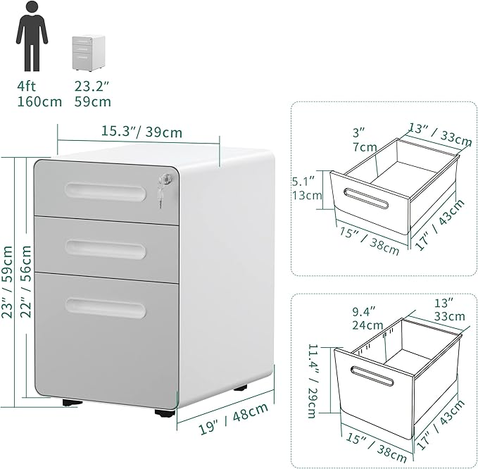 YITAHOME 3-Drawer Rolling File Cabinet Metal Mobile File Cabinet with Lock Filing Cabinet Under Desk fits Legal/A4 Size for Home/Office Fully Assembled-Gray and White