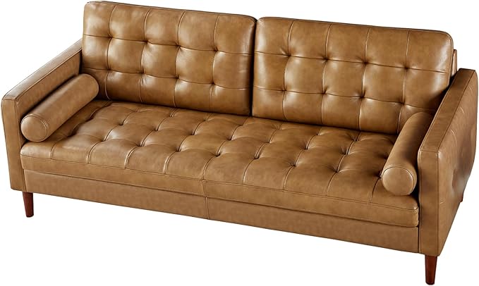 AMERLIFE Leather Sofa Mid-Century Modern Genuine Leather Sofa 3 Seater Comfy Couch for Living Room Home Office -Brown Leather Sofa Couch