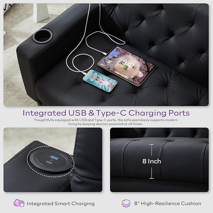 TYBOATLE 62 W Loveseat Sofa w/ 2 USB Charger Ports and 2 Cupholders Mid-Century Modern Tufted Black Leather Small Love Seat Couches for Compact Living Room Office Bedroom Apartment Dorm
