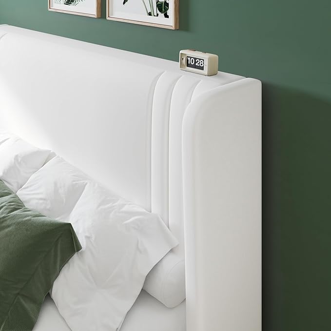 Allewie Full Size Velvet Platform Bed Frame with Vertical Tufted Wingback Headboard Easy Assembly Under Bed Storage No Box Spring Required Modern Style White