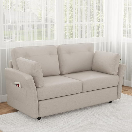 Novilla 57 Linen Loveseat - Small Sofa w/ 2 Bolster Pillows for Apartment Easy Assembly Beige