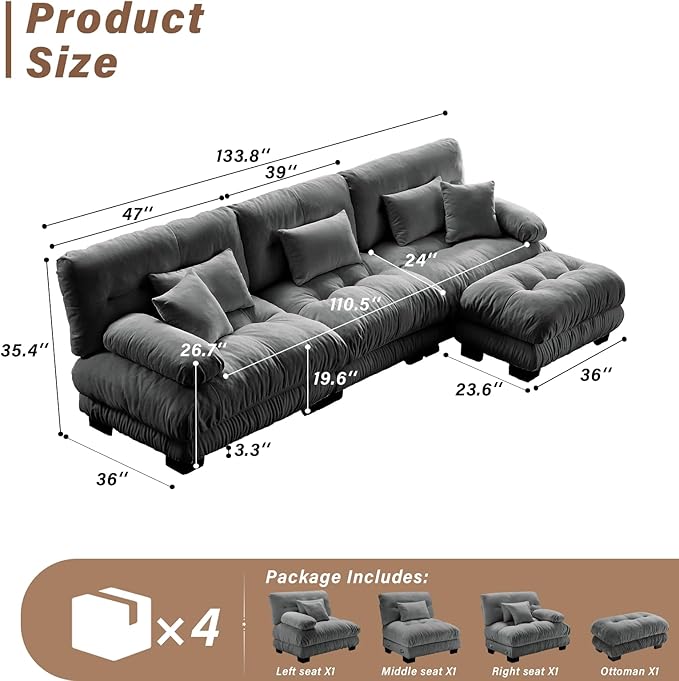 SoarFlash Velvet Sectional Sofa Ottoman Grey