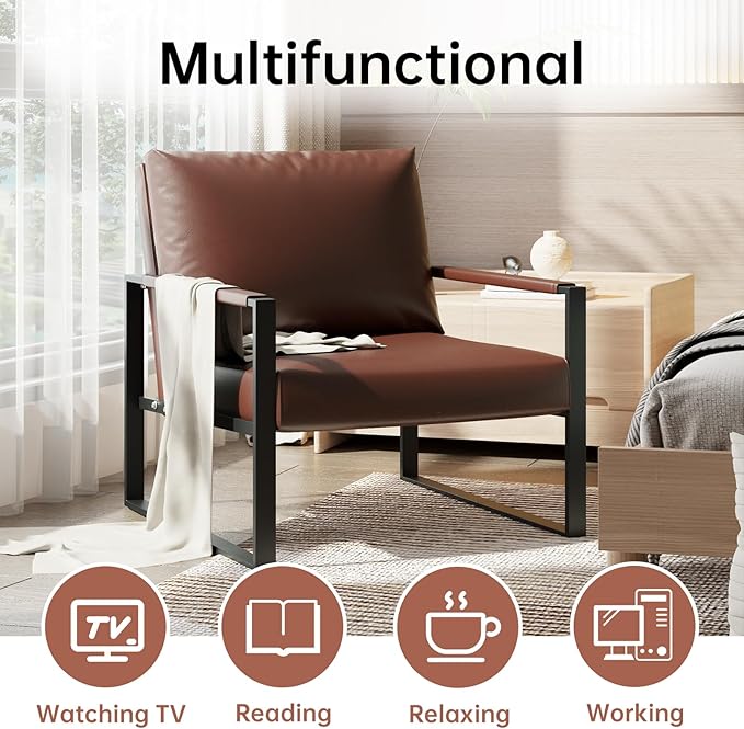 Recaceik Modern Accent Chair Set of 2 Arm Chairs Faux PU Leather Single Large Upholstered Sofa ChairErgonomic Lounge Living Room Chair for Bedroom Waiting Room Office Apartment Small SpaceBrown