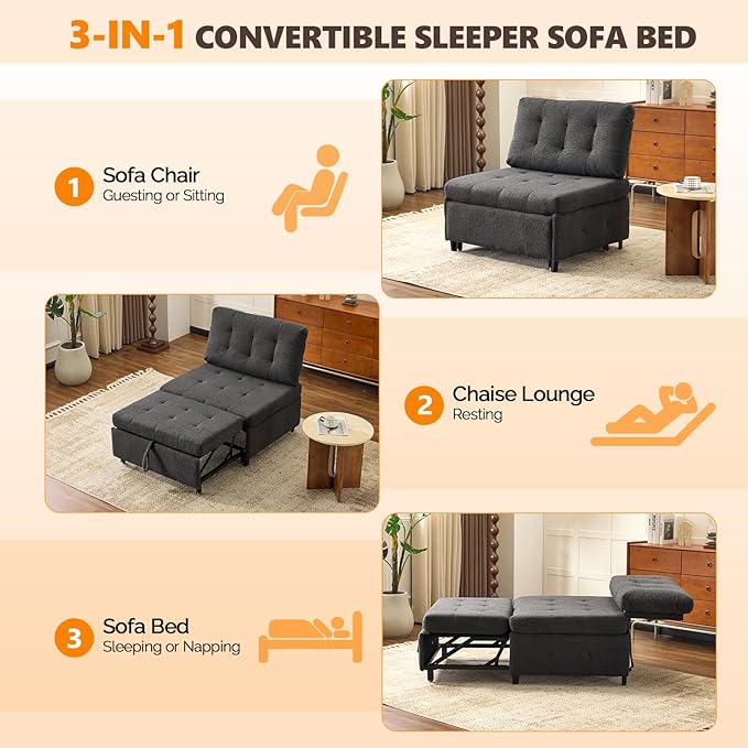 VINGLI Convertible Single Sofa Bed Tufted Teddy Fleece Sleeper Chair Bed Armless Living Room Chair Chaise Lounge with Adjustable Backrest Pull Out Couch Bed for Small Spaces (Dark Grey) | Armless Sofa