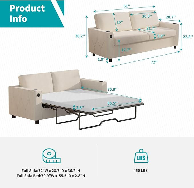 BALUS Pull Out Sofa Bed Full Size Sleeper Sofa Couch with USB Ports 2-in-1 Convertible Pullout Couchs with 2 Cup Holders &amp Memory Foam Mattress for Living Room Guest Room ApartmentWhite