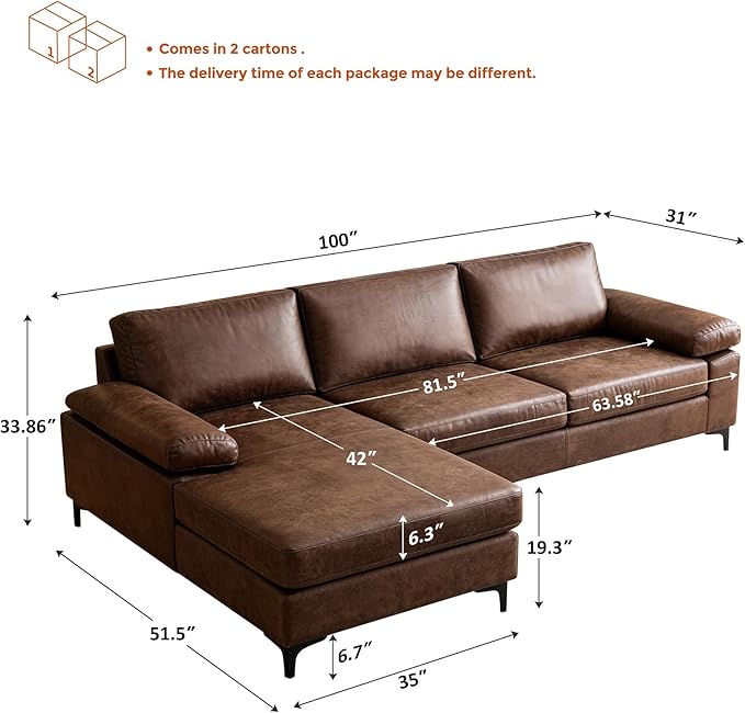 VANOMi 100 Couches for Living Room Faux Leather Sectional Sofa with Chaise Convertible L-Shape Sofa &amp Couches for Living Room3 Seater Apartment Right/Left-L-Shaped Dark Brown | Adjustable C