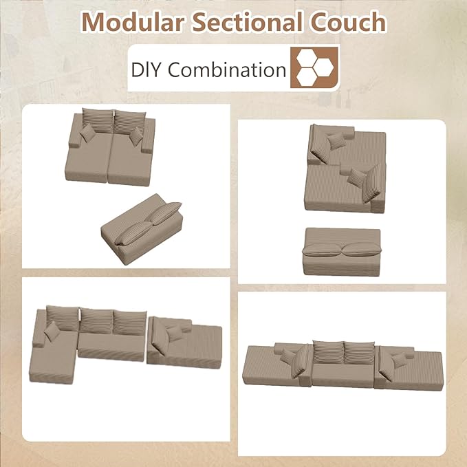 134.2 Modular Sectional Sofa Modern Corduroy Cloud Couch with Deep Seat Boneless Couch Upholstered 4-Seater U-Shaped Sofa for Living Room No Assembly Required (Camel)