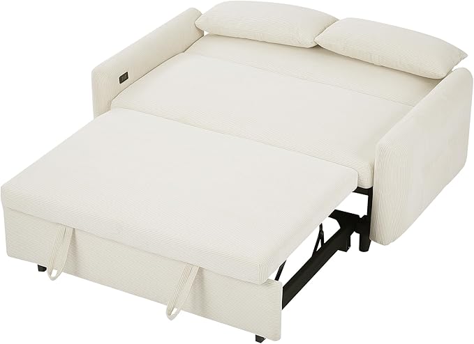 Modern 57.48 Pull-Out Sofa Bed 2 Seater Loveseats Sofa Futon Couch with Adjustable Backrest Convertible Couch Sleeper Sofa with Two Throw Pillows for Living Room (BeigeCorduroy Fabric)