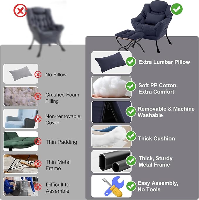 Lazy Chair with Ottoman Modern Accent Chair with Lumbar Pillow Navy Blue Sofa Armchairs with Folding Footrest Oversized Supportive Chairs for Bedroom Reading