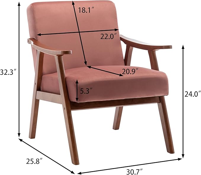 Mid-Century Modern ChairUpholstered Armchair Living Room Chair with Solid Wood Frame Comfy Reading Chairs Lounge Side Chair for Living RoomBedroomBelcony. (Pink+Fabric)