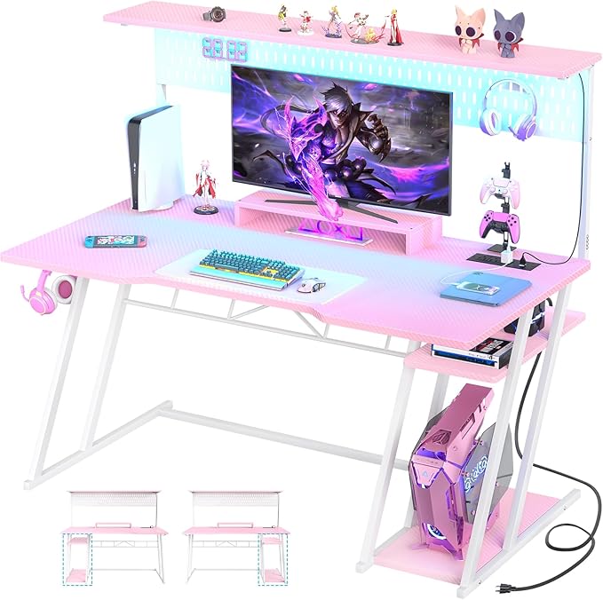 Armocity Pink Gaming Desk with Hutch and LED Lights 53 Computer Desk with Storage Shelves Reversible PC Gaming Desk with Pegboard Gamer Desks for Bedroom Carbon Fiber Surface