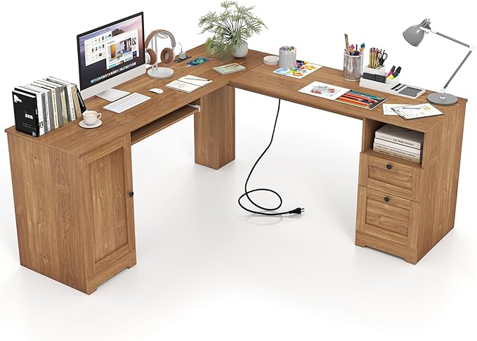 Tangkula 66” x 66” L-Shaped Office Desk with Power Outlets Modern Home Office Computer Desk with 2 Drawers Cabinet Adjustable Shelf &amp Keyboard Tray Corner Executive Desk for Working Writing