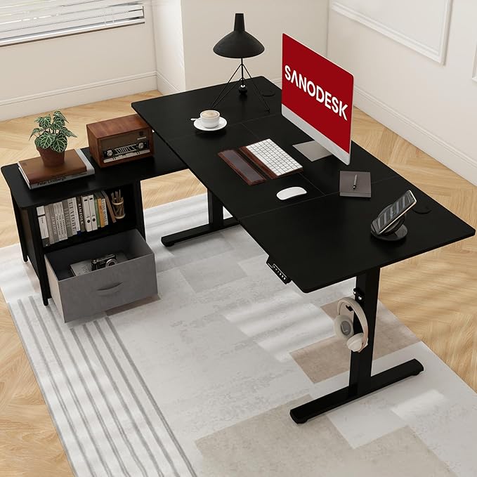 SANODESK 63'' L Shaped Standing Desk with 2-Drawer File Cabinet Electric Height Adjustable Stand up Desk w/USB Charge Ports Home Office Modern Wood Computer Desk with ShelvesBlack Frame/Black Top