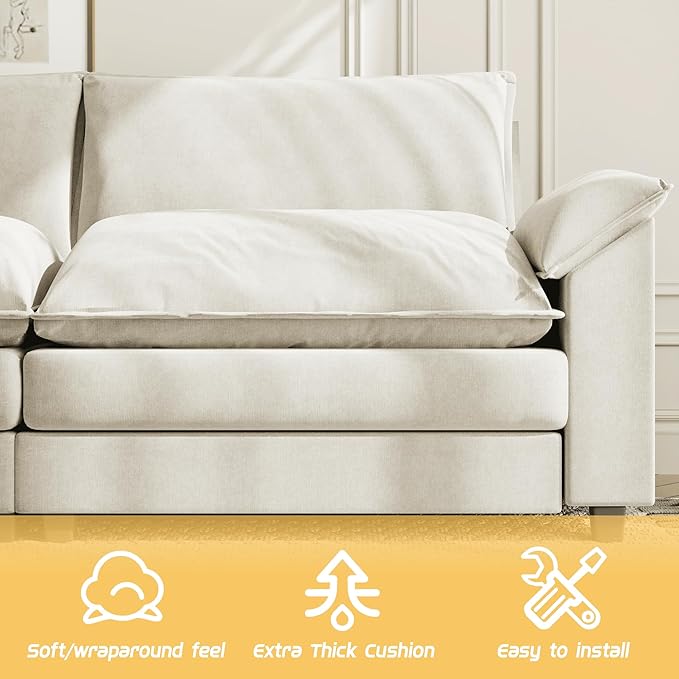 Shahoo Sectional Modular Sofa L Shaped Chenille Fabric Couch with High Supportive &amp Soft Sponges and Removable Ottoman Sleeper Comfy Upholstered Furniture for Living Room Bright Beige