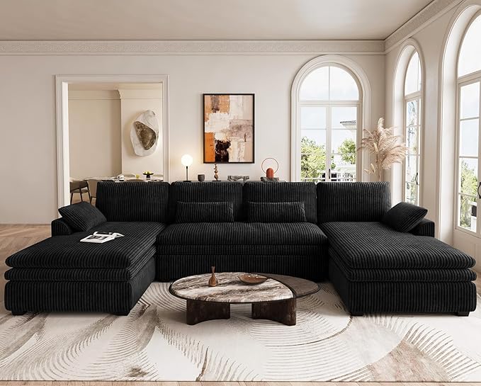 Belffin Large Modular Sectional Sofa with Double Deep Chaise 135 Corduroy U Shaped Sectional Couch with 9 Soft Dual-Layer 6 Seats U Shaped Couch for Living Room Apartment Black
