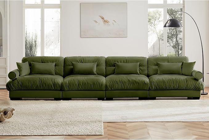 Setawix Luxury 4 Seater Sofa with Velvet Modern Cloud Couch with Comfortable ArmrestComfy Couches with Deep SeatExtra-Large Sofas for Living Room Bedroom(Olive)