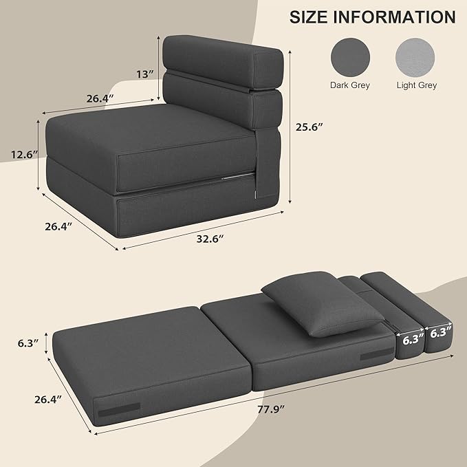 Folding Sofa Bed - Convertible Sleeper Chair with Upgraded Pillow Modern Comfortable Sleeper Couch Linen Fabric Foldable Memory Foam Sleepers Comfy Floor Sofa for Living Room Bedroom Single