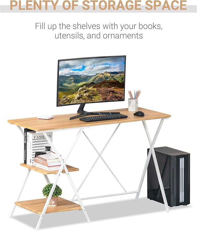 HOMCOM Computer Desk with Storage Shelves Writing Desk for Home Office Study Workstation Natural