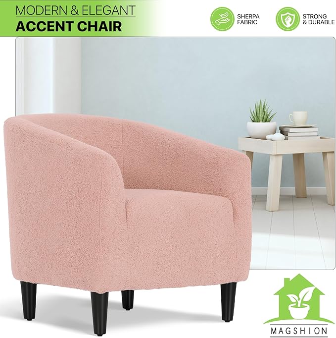 Magshion Barrel Chair Modern Sherpa Armchair Boucle Fabric Accent Chair with Cozy Soft Padded Single Sofa Chair for Living Room Bedroom Office Waiting Room 300lbs Capacity Pink