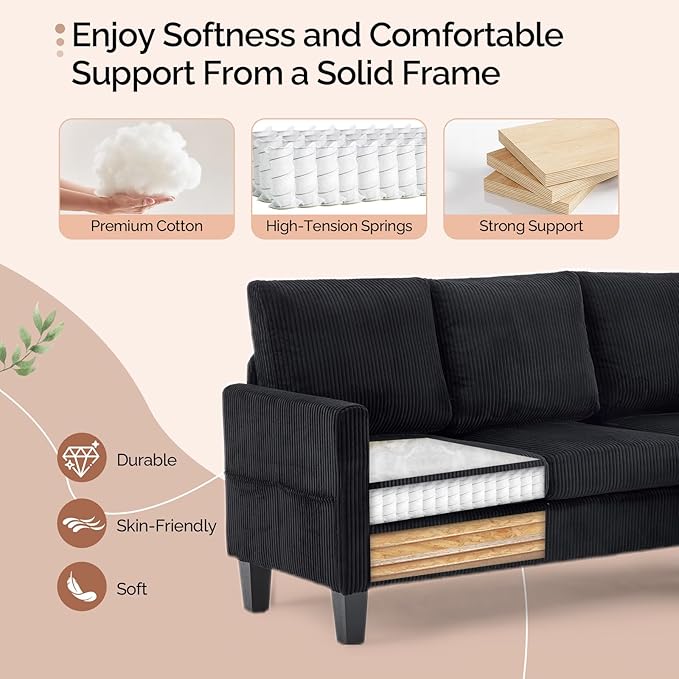 VINGLI 68.5' L Shaped Couch with Movable Storage Convertible Sectional Sofa in Corduroy Fabric Modern Reversible Chaise Couch for Small Spaces Apartment Living RoomBlack