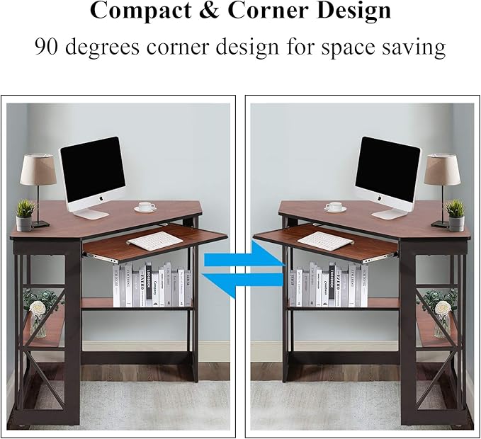 VECELO Corner Computer Desk 41 x 30 inches with Smooth Keyboard &amp Storage Shelves for Home Office Workstation Teakwood Brown