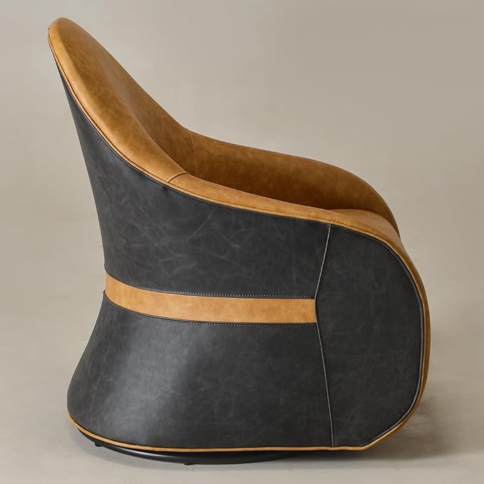 Two-Tone Leather Swivel Barrel Chair Accent Chair with Solid Wood Frame No Assembly for Living Room or Office (Camel)