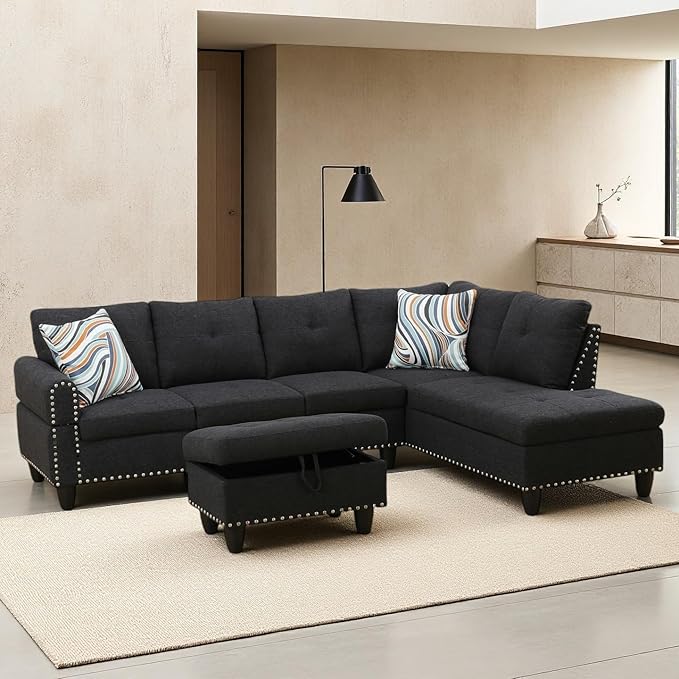 Sectional Couches for Living Room Convertible 4 Seat Modular Sectional Sofa Set for Living Room L Shaped Couch or U Shaped Couch with Storage Ottoman for Apartment Dark Grey