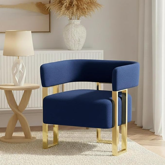 AODAILIHB Modern Accent Chair Blue Velvet Barrel Chairs with Gold Metal Legs - Upholstered Armchairs for Living Room Bedroom Lounge &amp Waiting Room