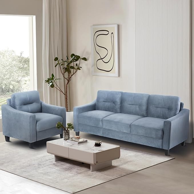 Velvet Upholstered 3 Seater SofaMordern Couch with Tufted Strip Back Cushion for LivingroomApartmentOfficeBlue Grey