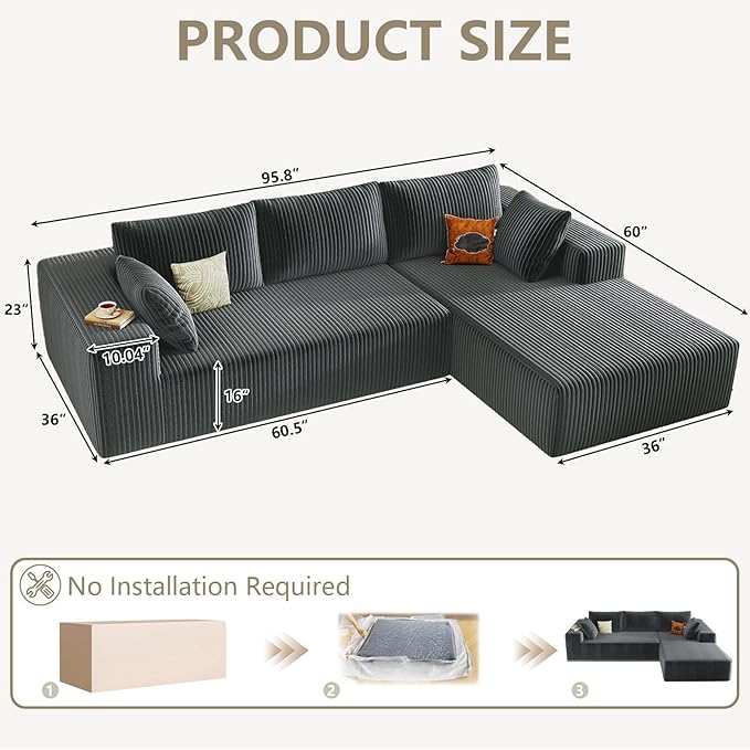 96 Cloud Sectional Couch with L-Shaped Chaise Modern Corduroy Sectionals Couches with Deep Seat Boneless Sofa 3 Seater for Living Room No Assembly Required (Dark Grey Right Facing Chaise)