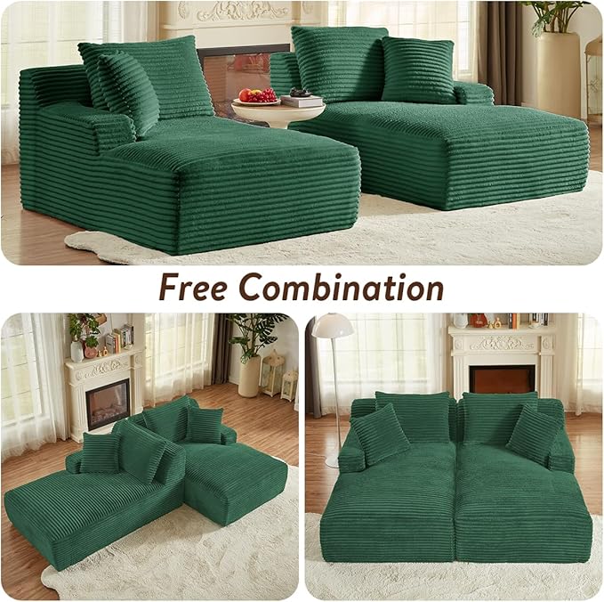 Oversized Double Chaise Lounge Chair IndoorWide Corduroy Boneless Chaise Lounges Sofa Comfy Upholstered Sectional Cloud Couch No Assembly Required Loveseat Sleeper Chair Bed for Living Room(Green)