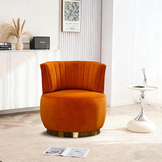 360 Degree Swivel Accent Chair Comfy Round Swivel Barrel Chair with Mental Base Upholstered Cozy Reading Armchairs Modern Lounge Sofa Chairs for Living Room Bedroom Club Office(Velvet Orange)