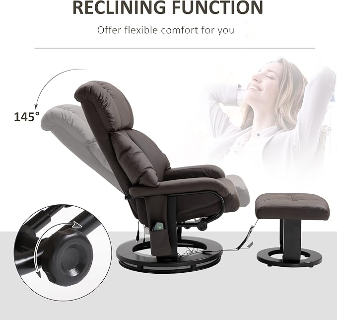 Massage Recliner Chair with Ottoman 10 Vibration Points and 360° Swivel Comfortable Faux Leather Living Room Chair with Side Pocket Brown.