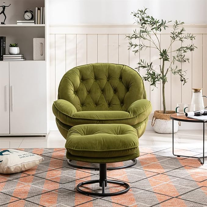 TRIPLE TREE Modern Swivel Accent Chair Mid-Century Lounge Chair and Ottoman Set Velvet Upholstered Button Tufted Recliner Chair Reading Chair with Footrest for Living Room Indoor Bedroom Green