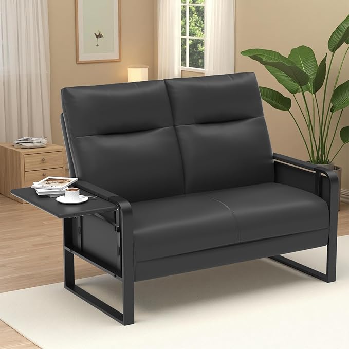 Small Loveseat Sofa with Side Table &amp Metal Legs Upholstered Faux Leather Loveseat for Small Spaces Couch for Living Room Reading Office Bedroom (Black)