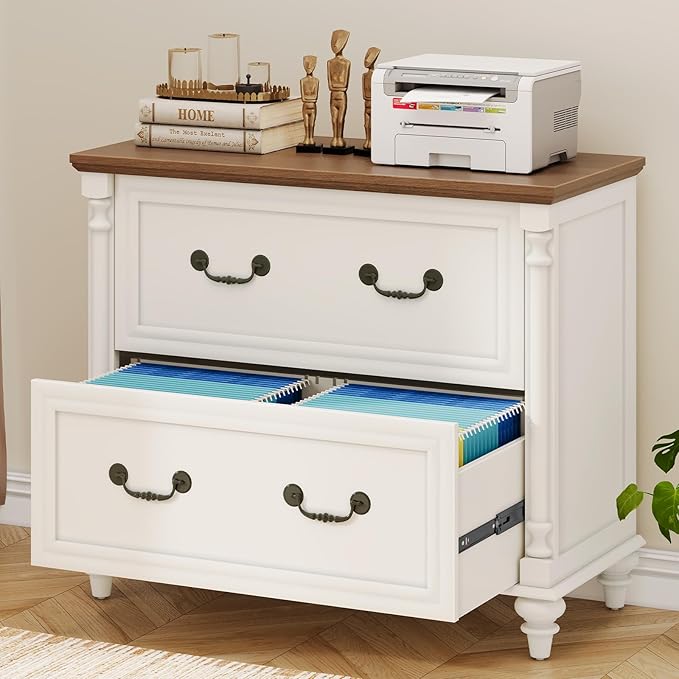 Farmhouse Lateral File Cabinet 2 Drawers File Cabinet for Legal/Letter/A4 Size Hanging Files Large Wood File Storage Cabinets Printer Stand for Home Office Cabinet White
