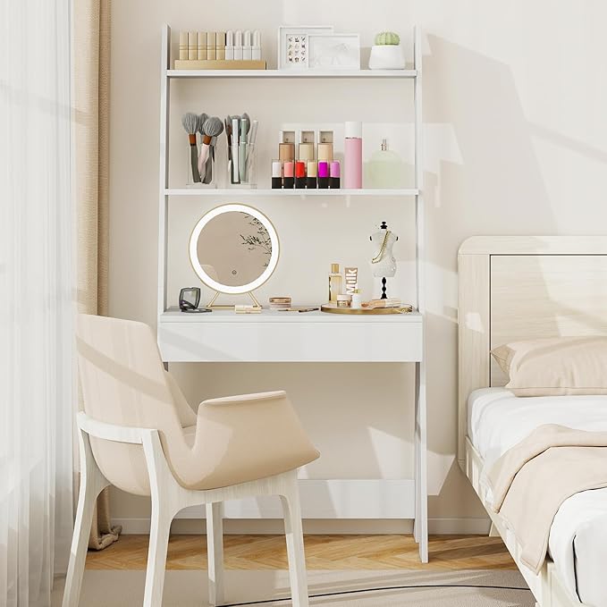 Giantex 3 Tier Ladder Desk with Drawer 33’’ Width Ladder Shelf with Anti-Tipping Device Freestanding Bookshelf Leaning Computer Desk with Shelves for Small Space (White)