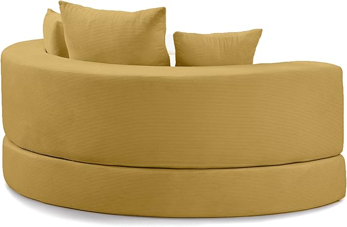 Yellow Boneless Loveseat Couch - 67 Circular Convertible Sofa Bed No Assembly Corduroy Folding Floor Futon with Pillows for Small Spaces (Yellow)