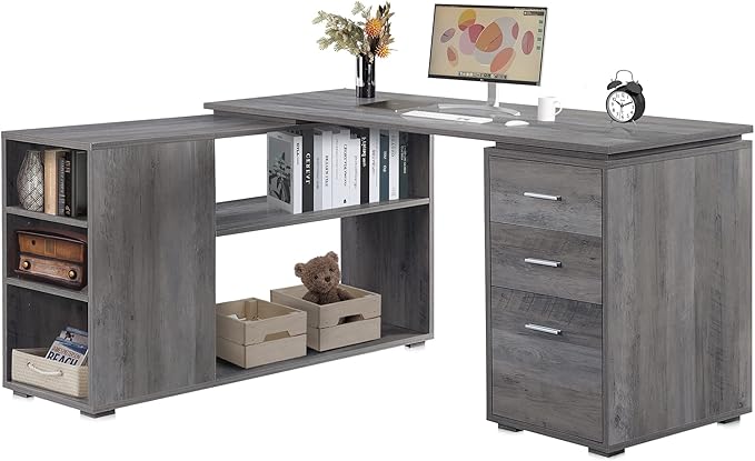 BELLEZE L Shaped Computer Desk 60” Study Writing Table Home Office Desk Morden Corner Workstation Setup with Adjustable Storage Shelves and 3 Drawers Gray Wash