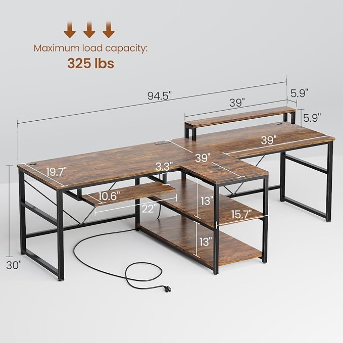 SEDETA 94.5 Home Office Desks Computer Gaming Desk with Storage LED Lights Power Strip with USB Keyboard Tray &amp Monitor Stand Extra Long Double Desk for 2 Person Rustic Brown