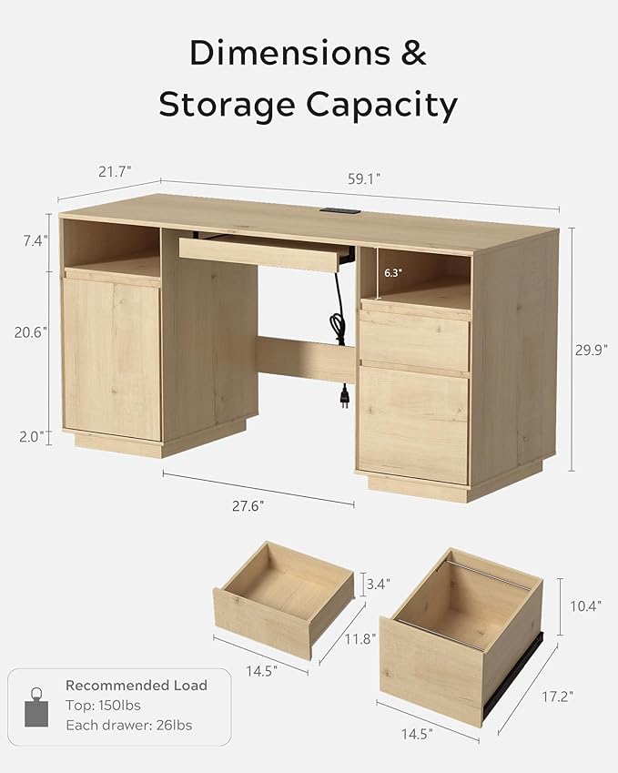 59 Farmhouse Office Desk Wide Home Executive Desk with File Drawer &amp Open Storage &amp Power Outlet Wooden Computer Desk for Study Writing Light Oak