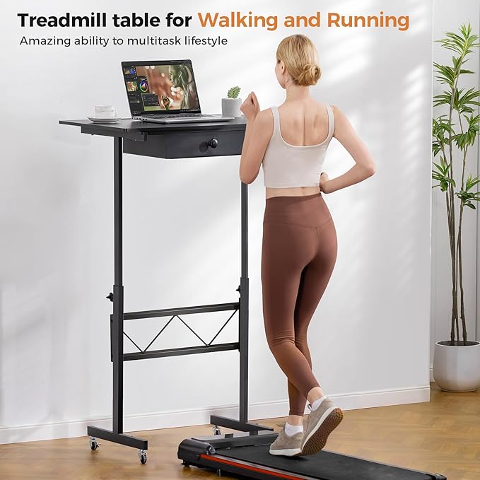 GTPLAYER Small Standing Desk Adjustable Height Small Computer Desk Mobile Portable Rolling Laptop Table with Wheels 32 Computer Workstation Sit Stand Desks Portable Standing Table Treadmill desks