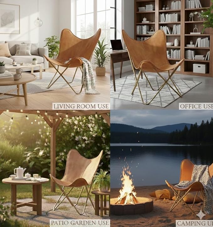 Shy Shy Let’s Touch The Sky Leather Living Room Chairs-Butterfly Chair Brown Leather Butterfly Chair-Handmade with Powder Coated Iron Frame (Cover with Folding Frame) (Golden Frame)