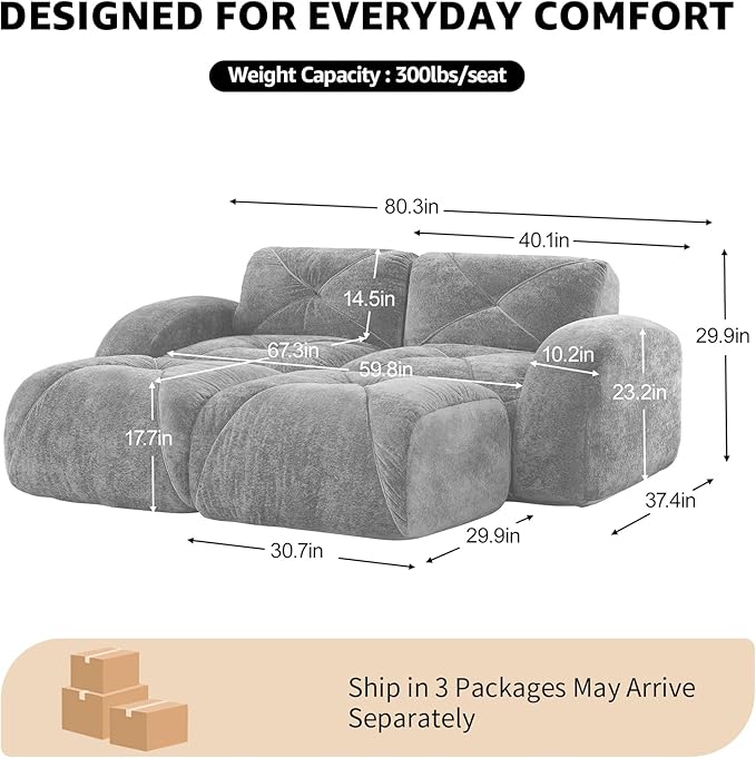 Black Loveseat Sectional Couches for Living Room Velvet Fabric Boneless Couch No Assembly Cloud Modular Sectional Sofa Love Seat with 2 Ottoman Foam Couch Compressed Sofa Set Sofas para Sala