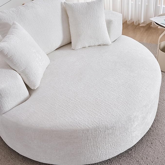 54.5 Beige Oversized Swivel Barrel Chair - Chenille Comfy Modern Sofa Chair Fluffy Upholstered Round Accent Chair Cloud Lounge Armchair with 3 Pillows for Living Room Apartment