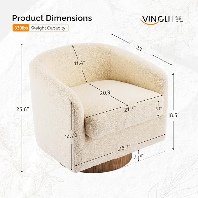 VINGLI 360°Swivel Accent Chair with Engineered Wood Base and Removable Cushion for Living Room Bedroom Curved Back Barrel Chair for Small Space Upholstered Bucket Armchair Teddy Khaki