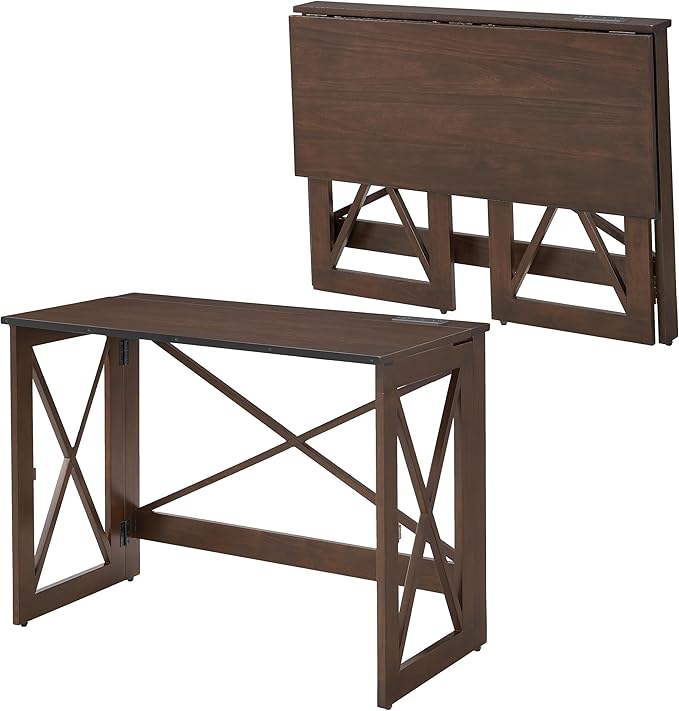MECO Stakmore 110 Volt Stylish Versatile Expandable Folding Desk with Built in Outlets for Home Office Den or Living Room Espresso